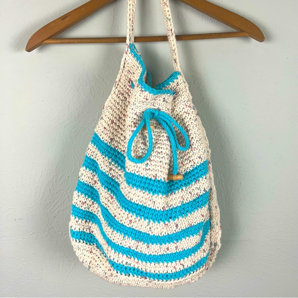 Striped Blue and Oatmeal Crocheted Drawstring Bag